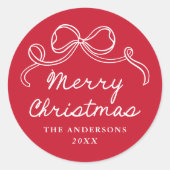 おとぎめいた手描きのリボン 赤 楽しいクリスマス ラウンドシール (正面)