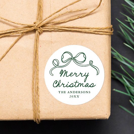 おとぎめいた手描きの緑のボウ メリークリスマス ラウンドシール