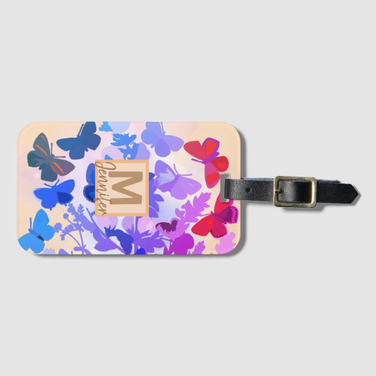 おとぎエレガントり蝶々紫モノグラム名l ラゲッジタグ (正面横)