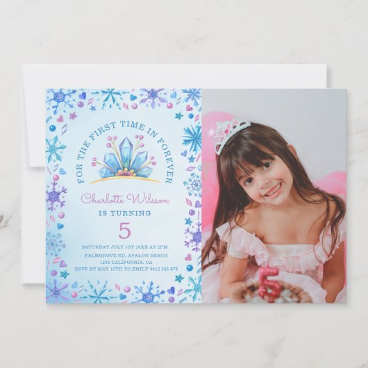 おとぎ凍っていらい物語アイスプリンセス写真誕生日 招待状 (正面)