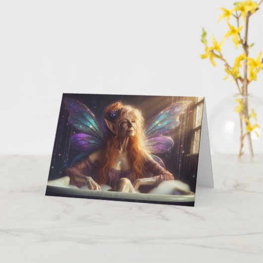 おとぎ年上の女性が紫の浴槽に入る カード (黄色い花)