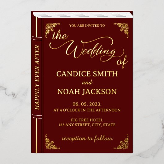 おとぎ話お洒落の本がブルゴーニュの結婚表紙 箔招待状 (正面)