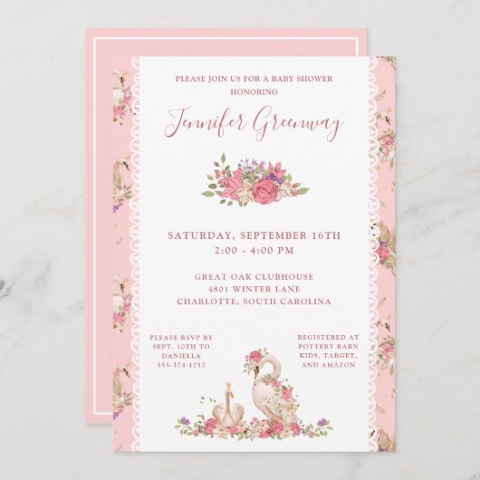 おとぎ話お洒落の白鳥の赤ちゃん女の子シャワー 招待状 (正面/裏面)