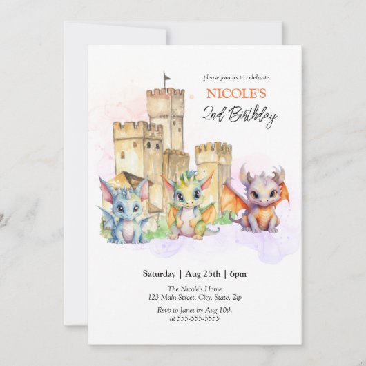 おとぎ話かわいいベビードラゴンズキャッスル誕生日 招待状 (正面)