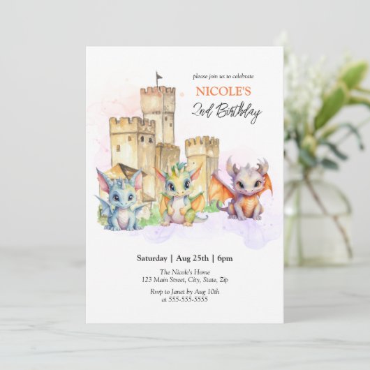 おとぎ話かわいいベビードラゴンズキャッスル誕生日 招待状 (スタンド正面)