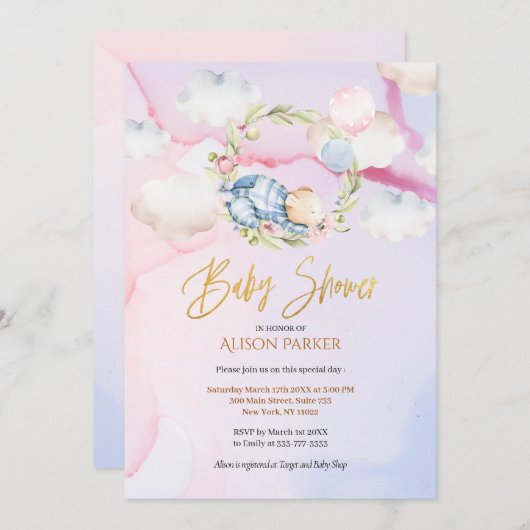 おとぎ話ができるかわいい森の眠り熊 |赤ちゃんシャワー 招待状 (正面/裏面)