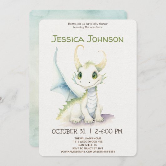 おとぎ話ができるかわいい白いドラゴン赤ちゃんシャワー 招待状 (正面/裏面)