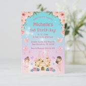 おとぎ話と城のピンクの花の1歳の誕生日かわいい 招待状 (スタンド正面)