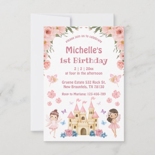 おとぎ話と城ピンクフローラ1歳の誕生日 招待状 (正面)
