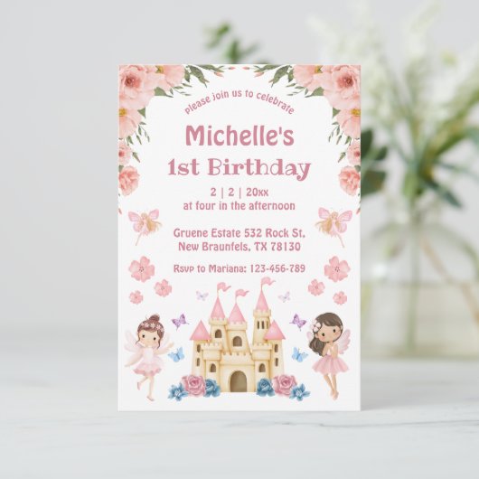 おとぎ話と城ピンクフローラ1歳の誕生日 招待状 (スタンド正面)