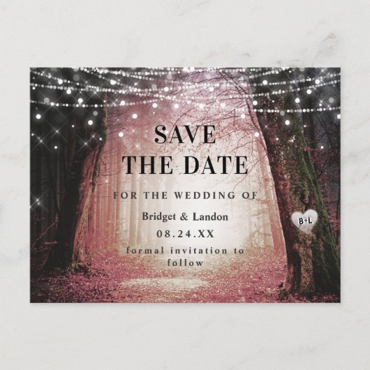 おとぎ話に魅了された森のピンク日付を保存 案内ポストカード (正面)