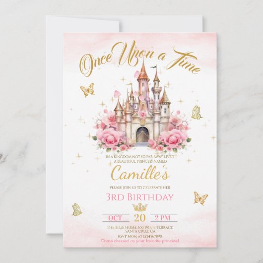 おとぎ話のお城のプリンセスの誕生日  招待状 (正面)