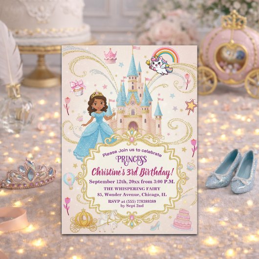 おとぎ話のお姫様のお城の3歳の誕生日パーティー 招待状