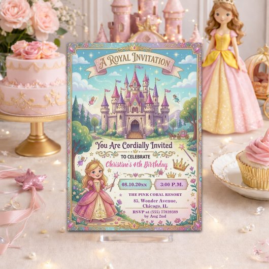 おとぎ話のお姫様のお城の4歳の誕生日パーティー 招待状