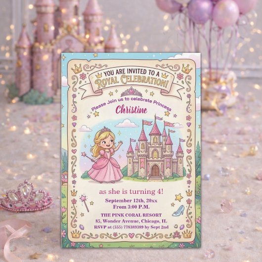 おとぎ話のお姫様のお城の4歳の誕生日パーティー 招待状