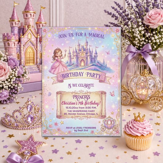おとぎ話のお姫様のお城の7歳の誕生日パーティー 招待状