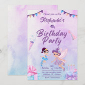 おとぎ話のようなかわいいモダンパステル４歳の誕生日 招待状 (正面/裏面)