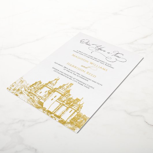 おとぎ話のようなウェディングにぴったりなゴールドの招待状 箔招待状 (回転した状態)