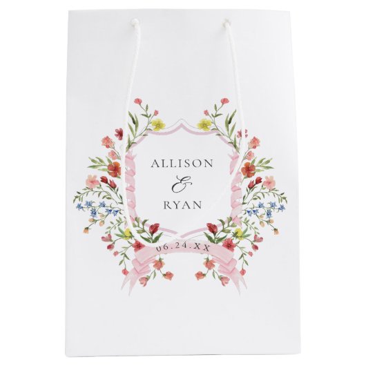 おとぎ話のようなガーデンウェディングクレストモノグラム ミディアムペーパーバッグ (正面)