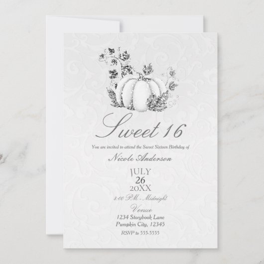 おとぎ話のようなシルバー ホワイト パンプキン フェアリー テール スイート 16 招待状 (正面)
