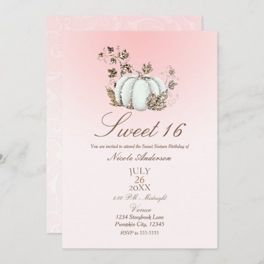 おとぎ話のようなピンクと白のハロウィンパンプキン スイート16 招待状 (正面/裏面)