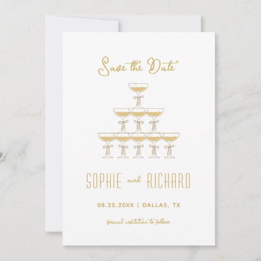 おとぎ話のようなフランスのリボン付きシャンパンタワーウェディング セーブザデート (正面)