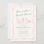 おとぎ話のような手描きのピンクとグリーンのブライダル ブランチ 招待状 (正面)