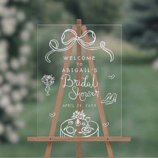おとぎ話のような手描きのリボン ウェディングシャワーのお出迎え アクリルサイン