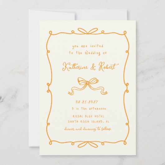 おとぎ話のような手描きのリボン　予算に優しい結婚式 招待状 (正面)