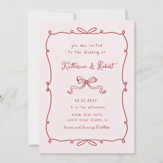 おとぎ話のような手描きのリボン　予算に優しい結婚式 招待状 (正面)