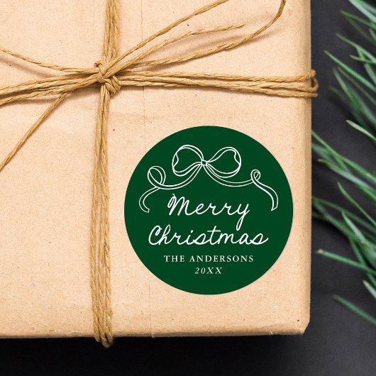 おとぎ話のような手描きの緑の弓 メリークリスマス ラウンドシール