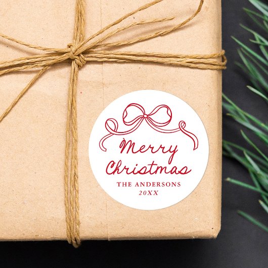 おとぎ話のような手描きの赤いリボン メリークリスマス ラウンドシール