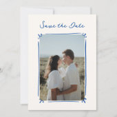 おとぎ話のような手描きの青いSave the Date 招待状 (正面)