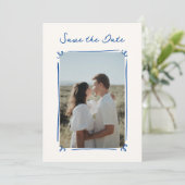 おとぎ話のような手描きの青いSave the Date 招待状 (スタンド正面)