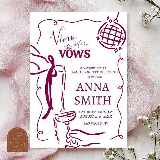 おとぎ話のような手描きの「Vino Before Vow」バチェラー 招待状