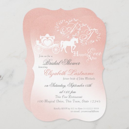 おとぎ話のキャリッジブライダルシャワーピンク 招待状 (正面/裏面)