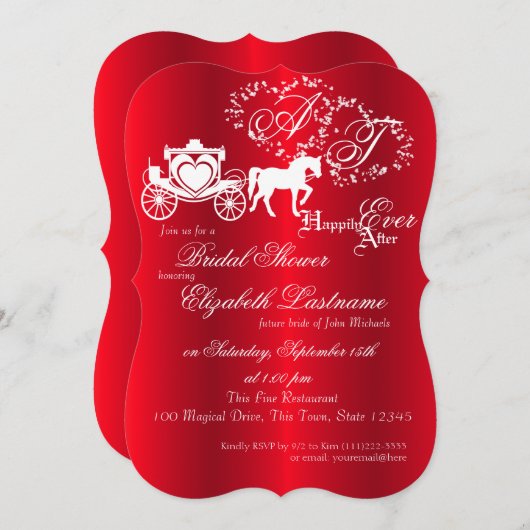 おとぎ話のキャリッジブライダルシャワーレッド 招待状 (正面/裏面)