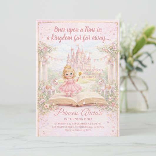 おとぎ話のストーリーブックのプリンセスの1歳の誕生日 招待状 (スタンド正面)