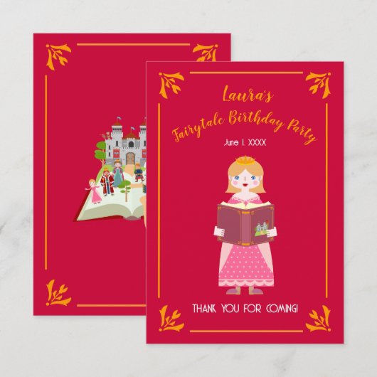 おとぎ話のストーリー 女の子の誕生日パーティー サンキューカード (正面/裏面)
