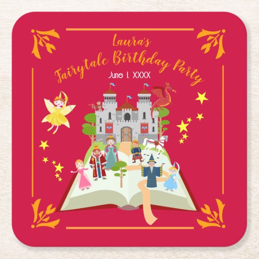 おとぎ話のストーリー 女の子の誕生日パーティー スクエアペーパーコースター (正面)