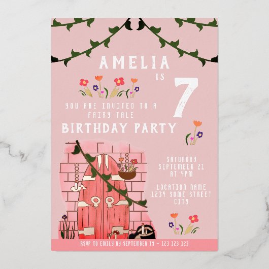 おとぎ話のドアの女の子の誕生日パーティー ゴールド 箔招待状 (正面)