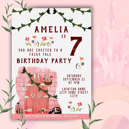 おとぎ話のドアの女の子の誕生日パーティー ゴールド 箔招待状