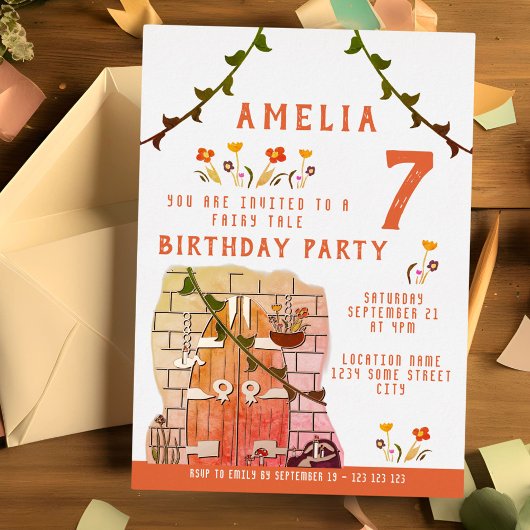 おとぎ話のドアの女の子の誕生日パーティー ゴールド 箔招待状
