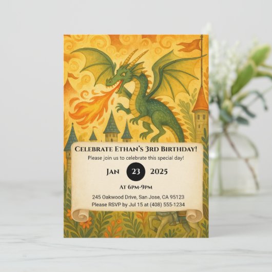おとぎ話のドラゴンと騎士のイラスト誕生日 招待状 (スタンド正面)