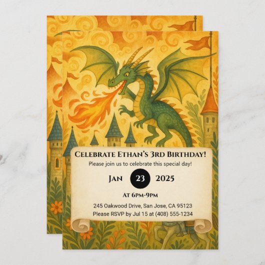 おとぎ話のドラゴンと騎士のイラスト誕生日 招待状 (正面/裏面)