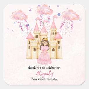 おとぎ話のピンクのお城のプリンセス 誕生日 スクエアシール