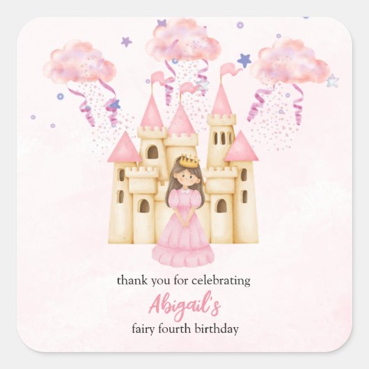 おとぎ話のピンクのお城のプリンセス 誕生日 スクエアシール (正面)
