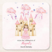 おとぎ話のピンクのお城のプリンセス 誕生日 スクエアペーパーコースター (正面)