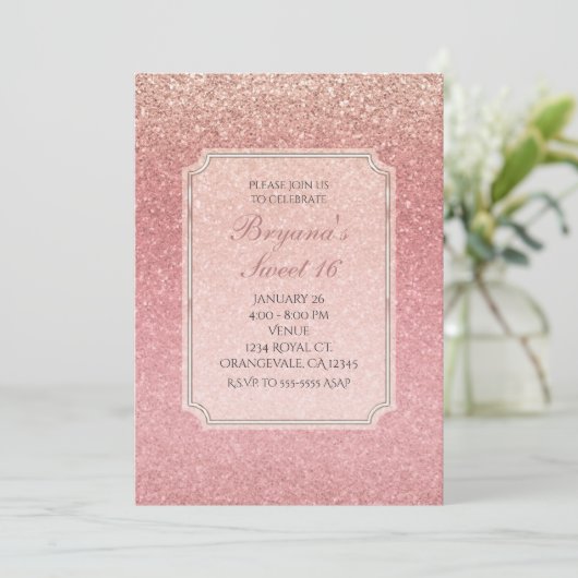 おとぎ話のピンクのグリッター スイート16パーティーの招待状 招待状 (スタンド正面)