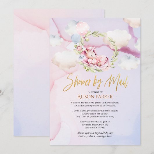 おとぎ話のピンクユニコーンドリーム |メールによるベビーシャワー 招待状 (正面/裏面)